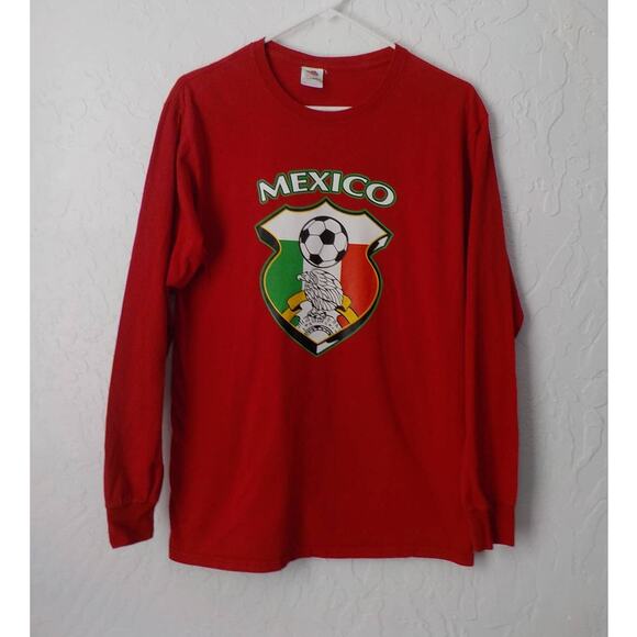Red Long Sleeves T-shirt Top Men Sz Medium Mexico Soccer Print Fruit of the Loom - Picture 1 of 4